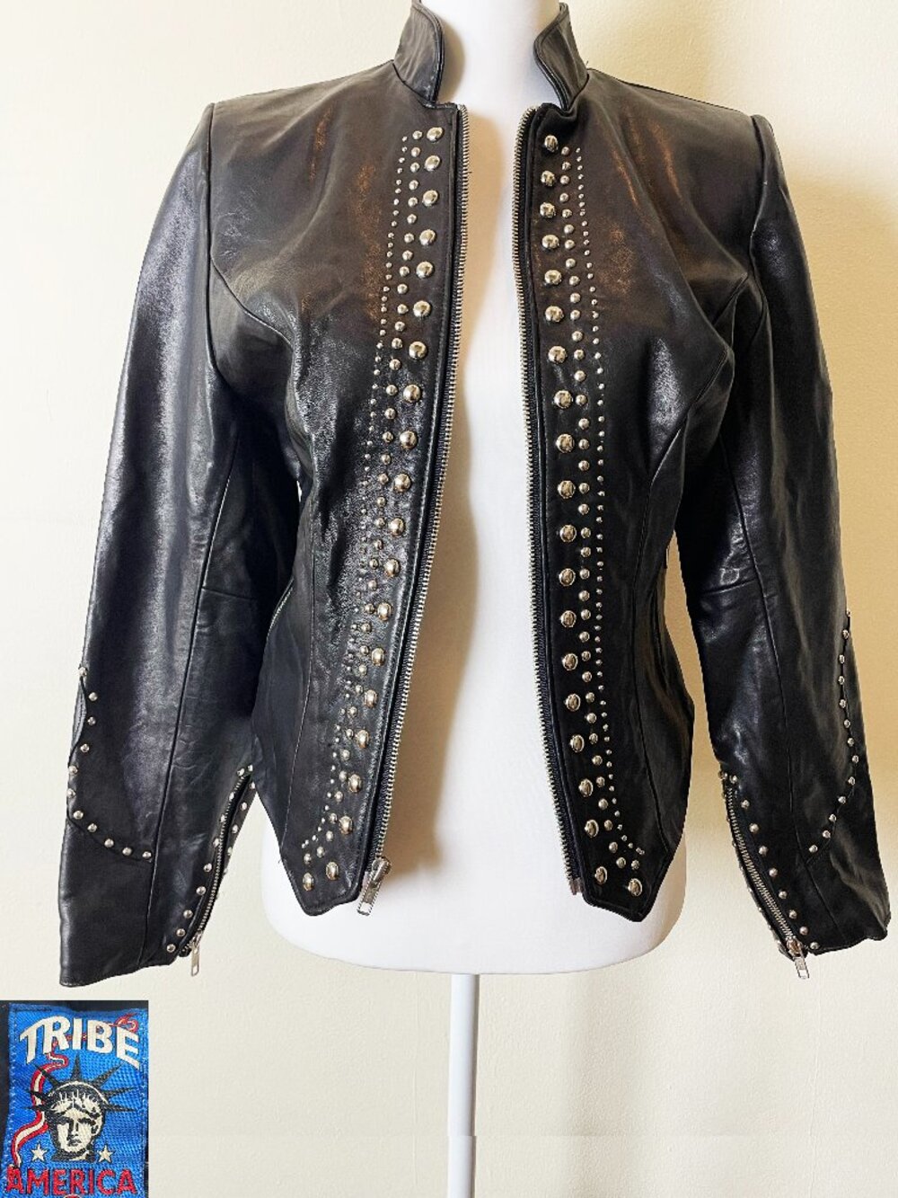 Tribe America Black Women's Leather Zip Long Sleeve Studded Biker Jacket Size 6